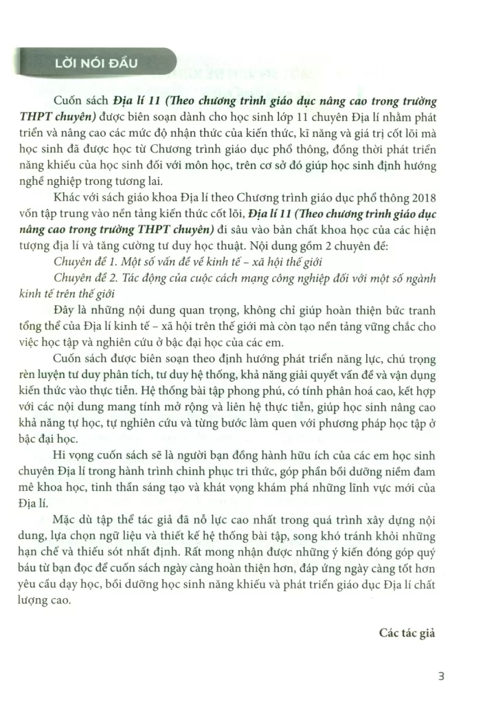 ĐỊA LÍ 11 (Theo chương trình giáo dục nâng cao trong trường THPT chuyên)